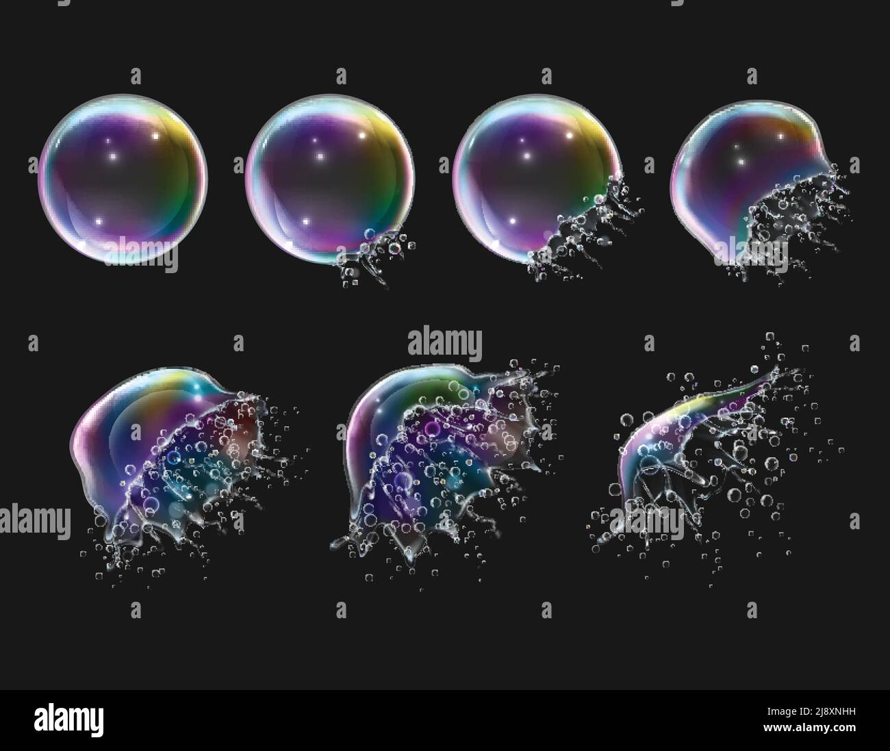 Fasi di esplosione di realistiche bolle di sapone lucido rotondo arcobaleno immagine vettoriale isolata con sfondo nero Illustrazione Vettoriale