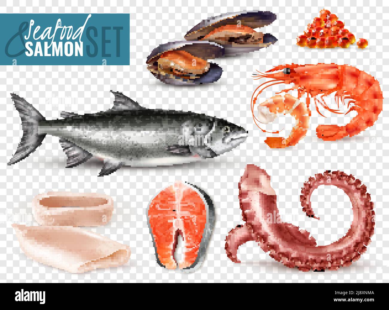 Set realistico di frutti di mare con fette di calamari di gamberi di salmone fresco intero ottopus tentacoli cozze sfondo trasparente illustrazione vettoriale Illustrazione Vettoriale