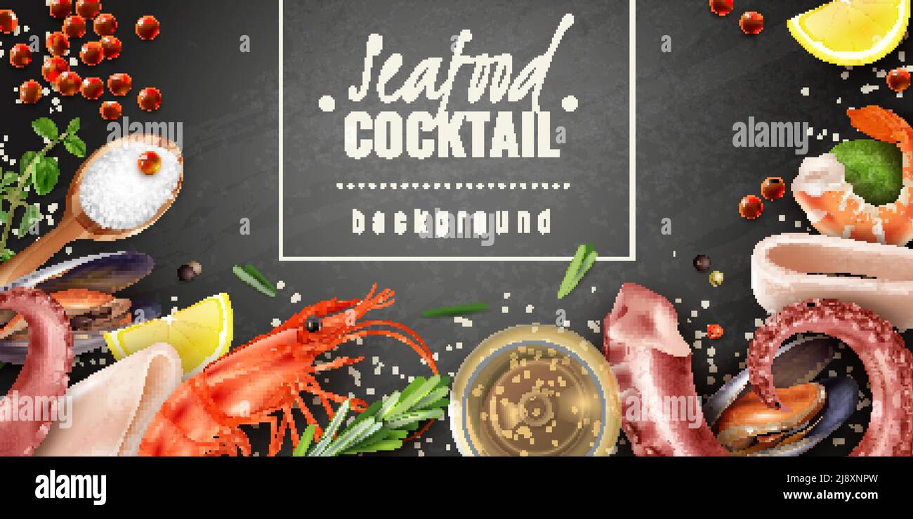 Cocktail di pesce mix realistico lavagna sfondo poster con gamberi cozze topus calamari tentacoli sale marino illustrazione vettoriale Illustrazione Vettoriale