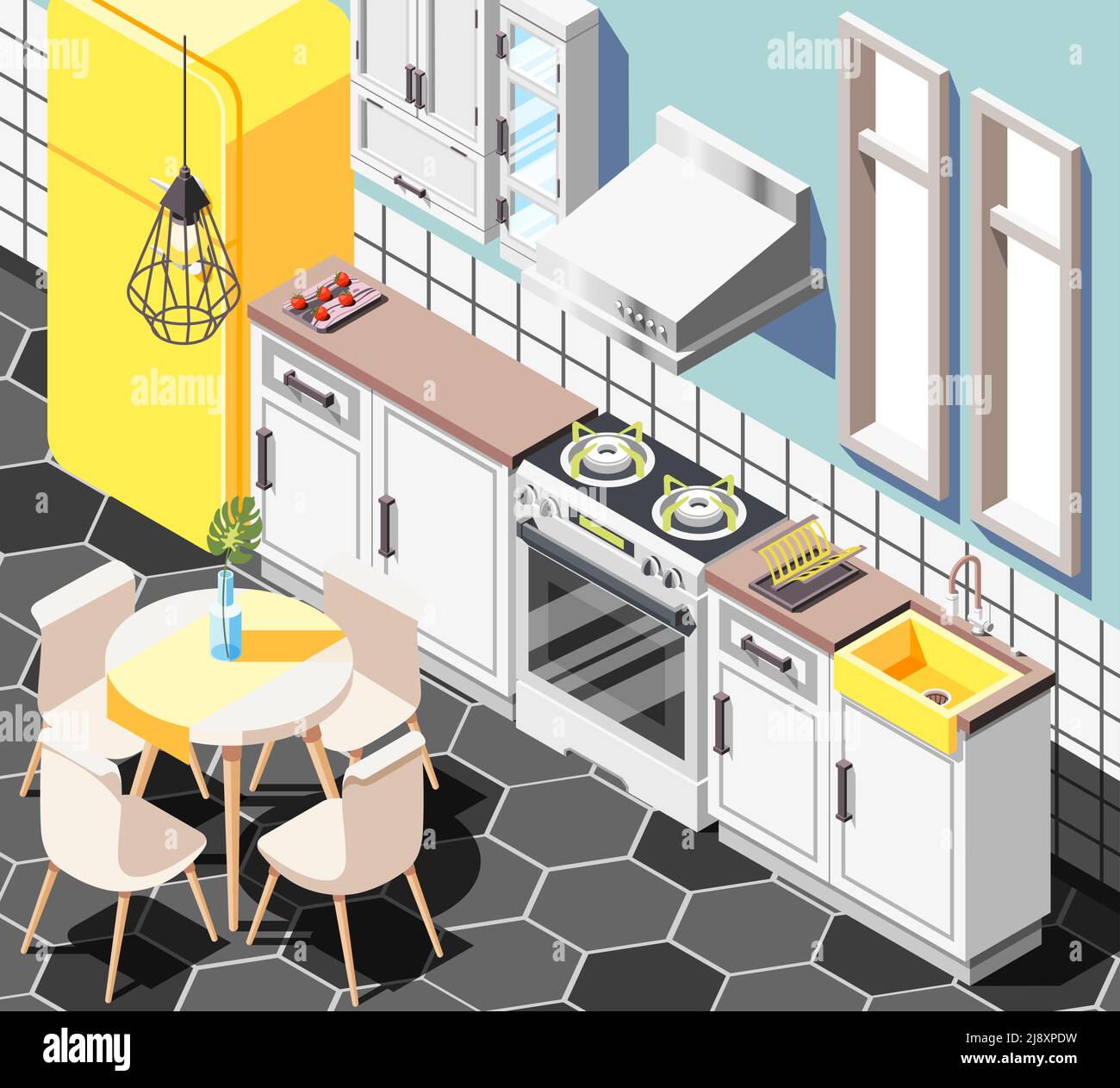 Loft interno sfondo isometrico con vista interna della cucina moderna con frigorifero per mobili e tavolo con illustrazione vettoriale Illustrazione Vettoriale