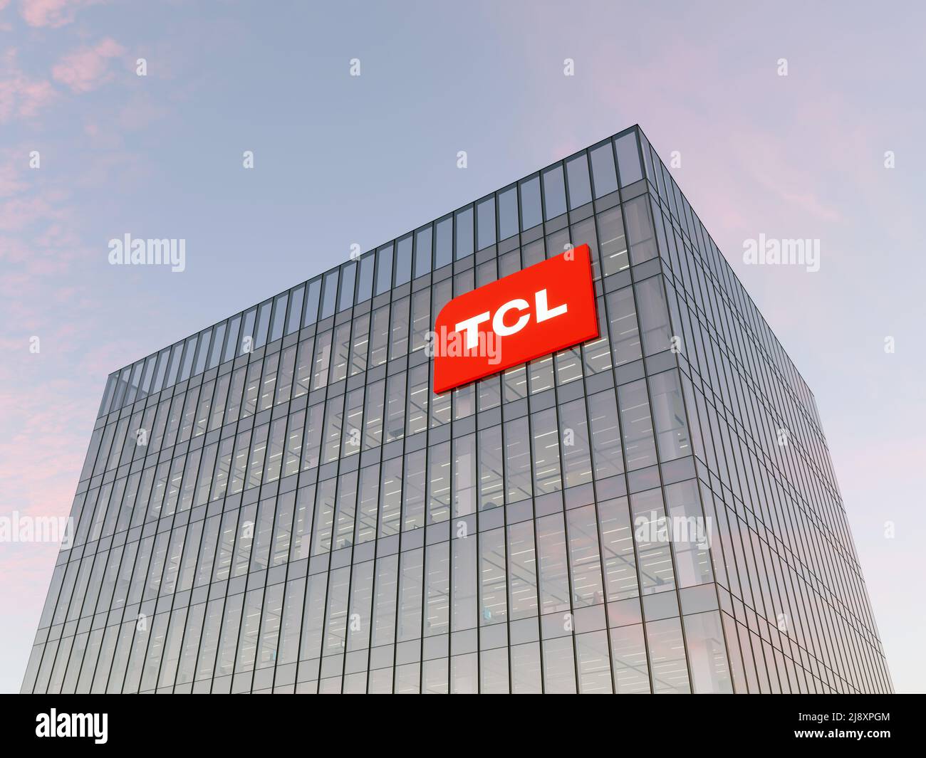 Huizhou, Cina. Maggio 2, 2022. Solo per uso editoriale, 3D CGI. Logo TCL Technology Signage sulla parte superiore dell'edificio in vetro. Multinazionale Consumer Electronics Comp Foto Stock