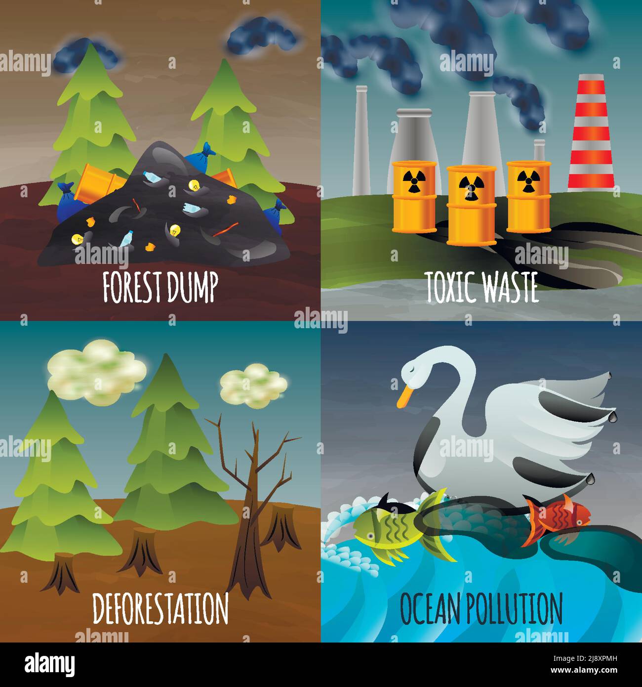 Problemi ecologici concetto di progettazione piatta con rifiuti tossici rifiuti di scarico deforestazione e inquinamento oceanico isolato illustrazione vettoriale Illustrazione Vettoriale