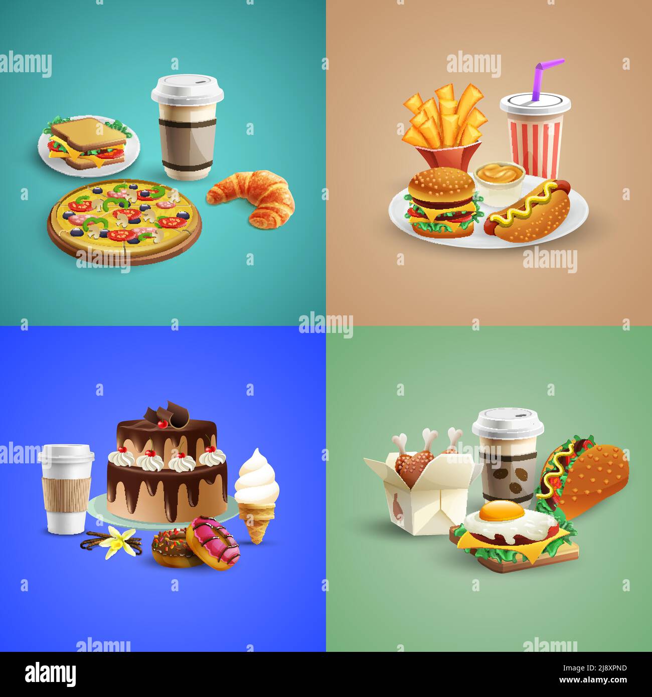 Fast food, cartone animato 2x2 con panini con pizza hamburger torta gelato cola isolato su sfondo colorato vettore illustrazione Illustrazione Vettoriale