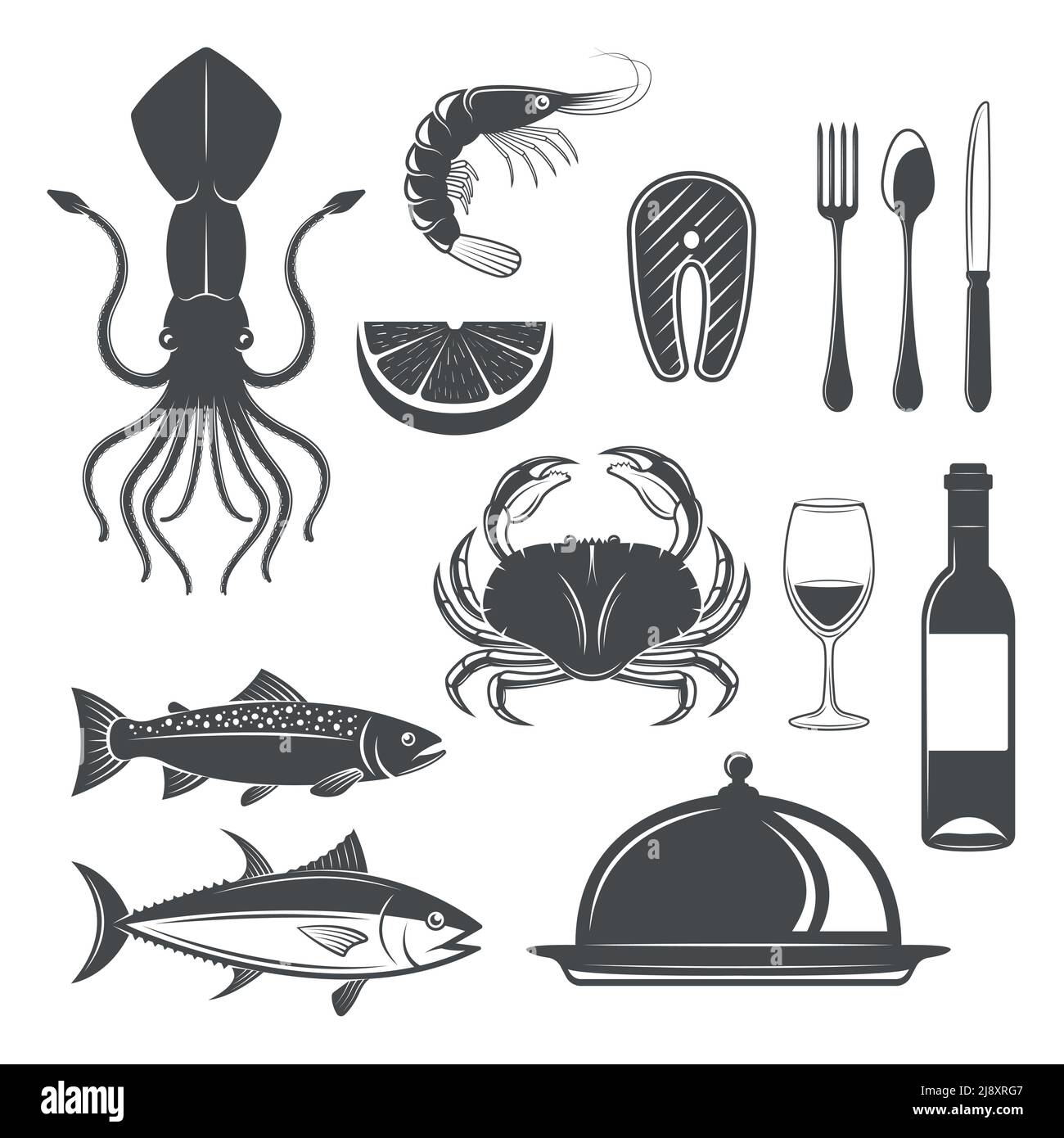 Oggetti monocromatici di pesce con animali subacquei bottiglia di vino e. posate di calice ristorante cloche isolato vettore illustrazione Illustrazione Vettoriale