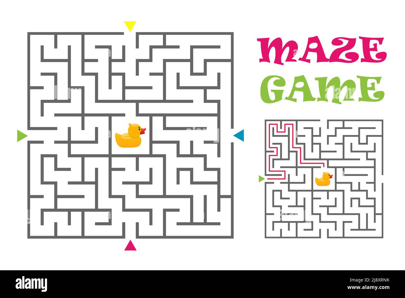 Labirinto quadrato gioco per bambini con anatra di gomma. Logica. Quattro ingressi e un modo giusto per andare. Vettore. Illustrazione Vettoriale