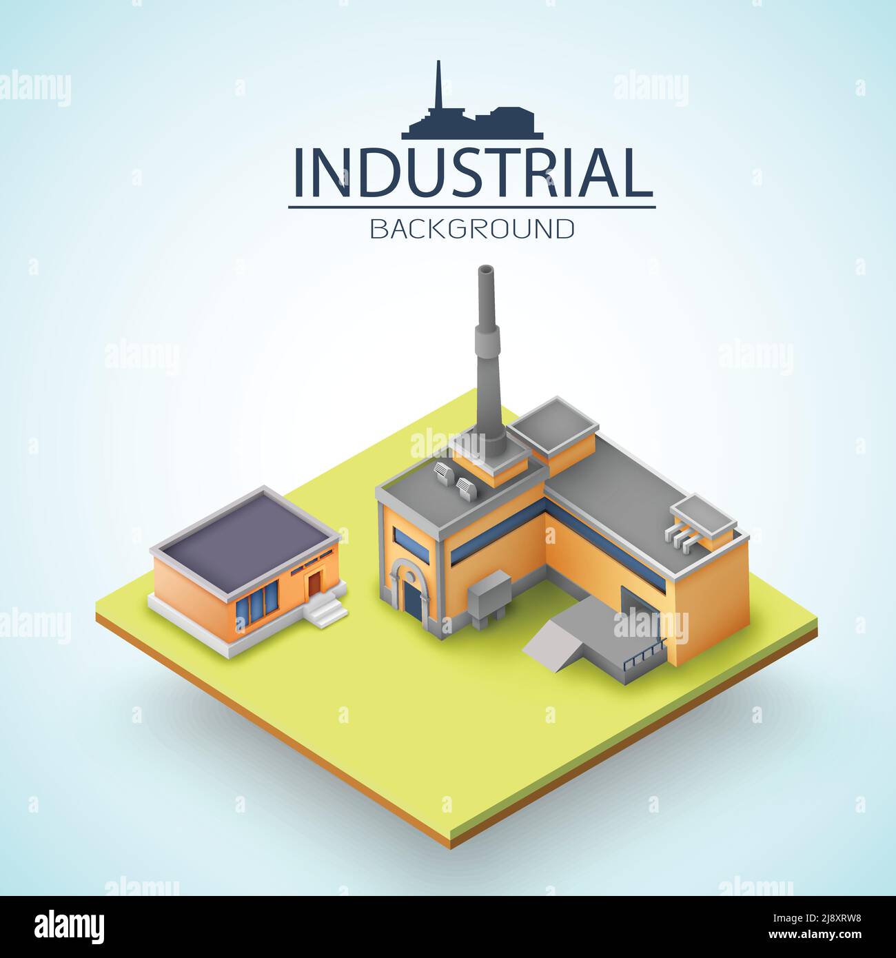 Costruzione di edifici con tetti grigi su piattaforma e silhouette gialle di fabbrica su sfondo chiaro illustrazione vettoriale Illustrazione Vettoriale