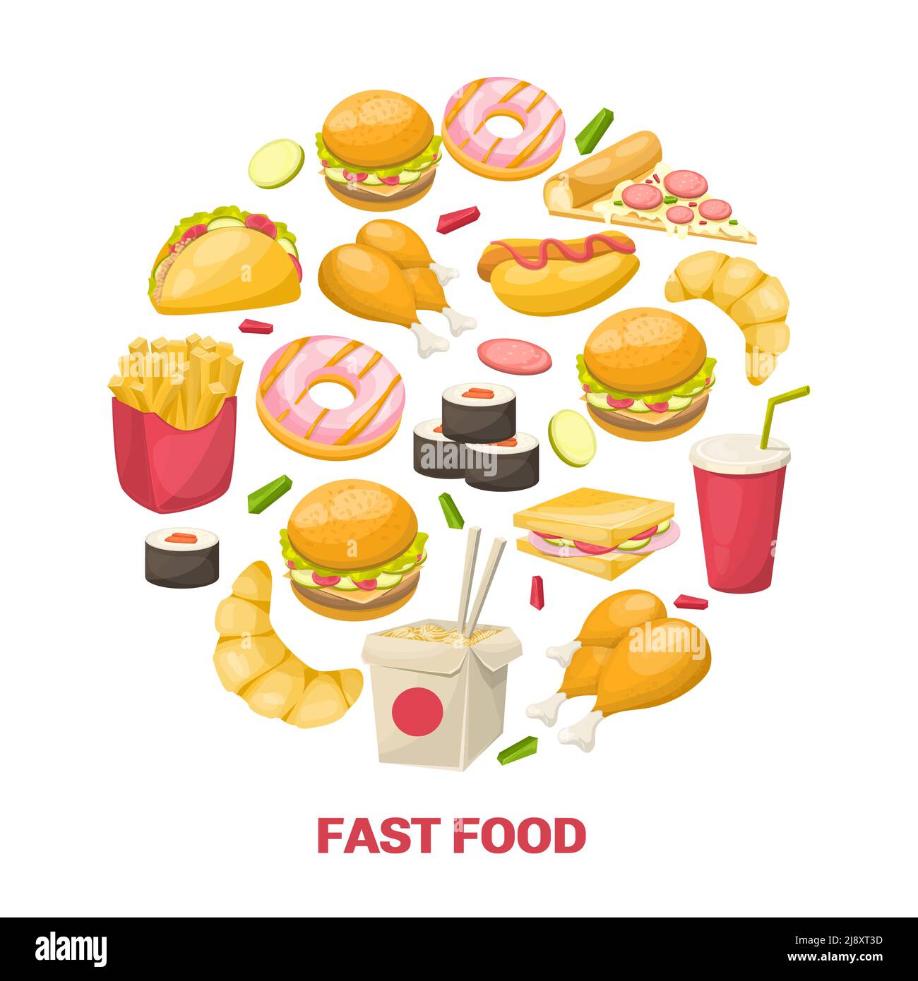 Design fast food a forma di cerchio con hamburger di pollo con noodle bere croissant sushi taco pizza illustrazione vettoriale Illustrazione Vettoriale