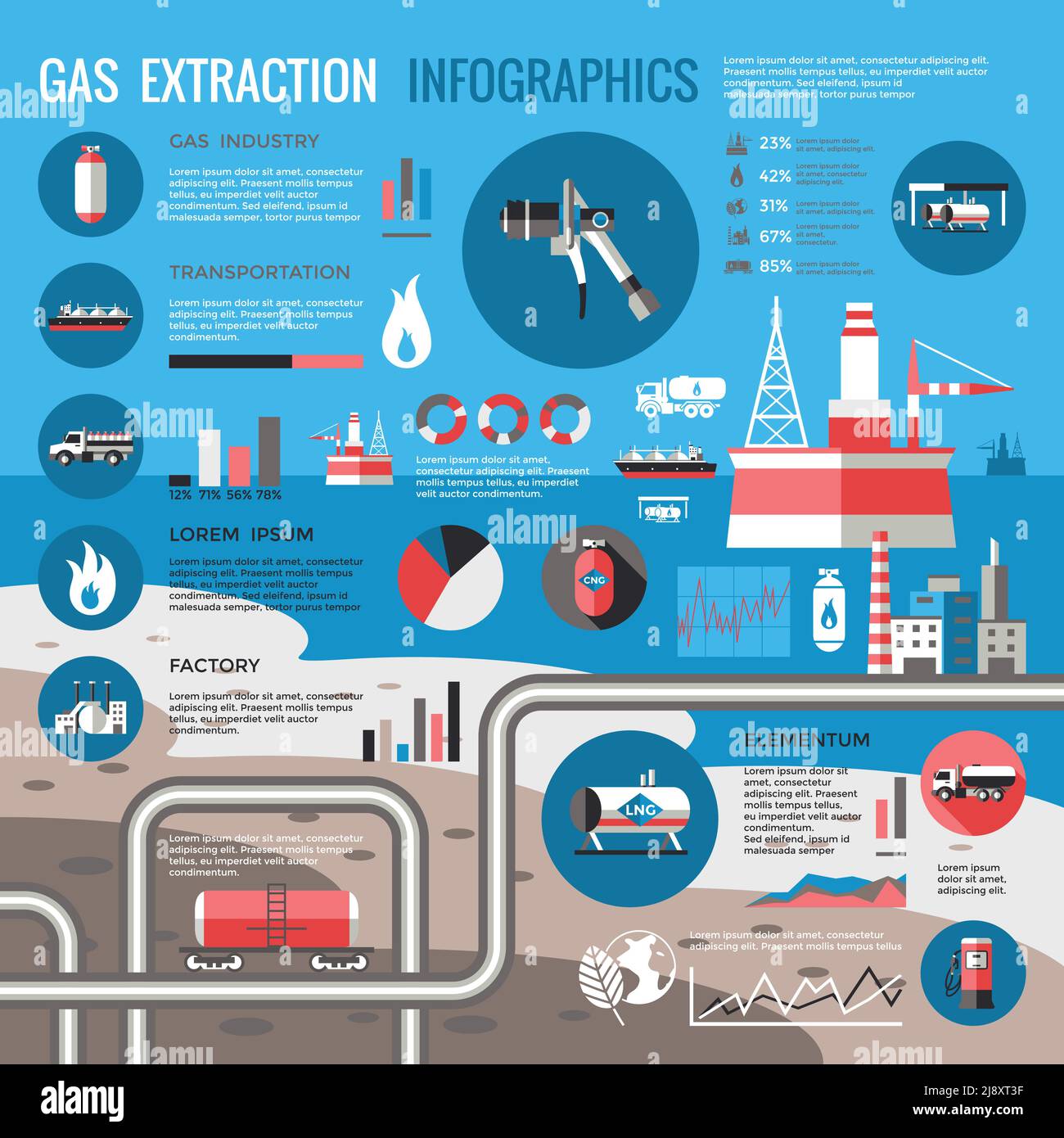 Infografiche di estrazione del gas con diagrammi del serbatoio di autocarri con pompa a piattaforma per tubazioni grafici statistiche su sfondo mare illustrazione vettoriale Illustrazione Vettoriale