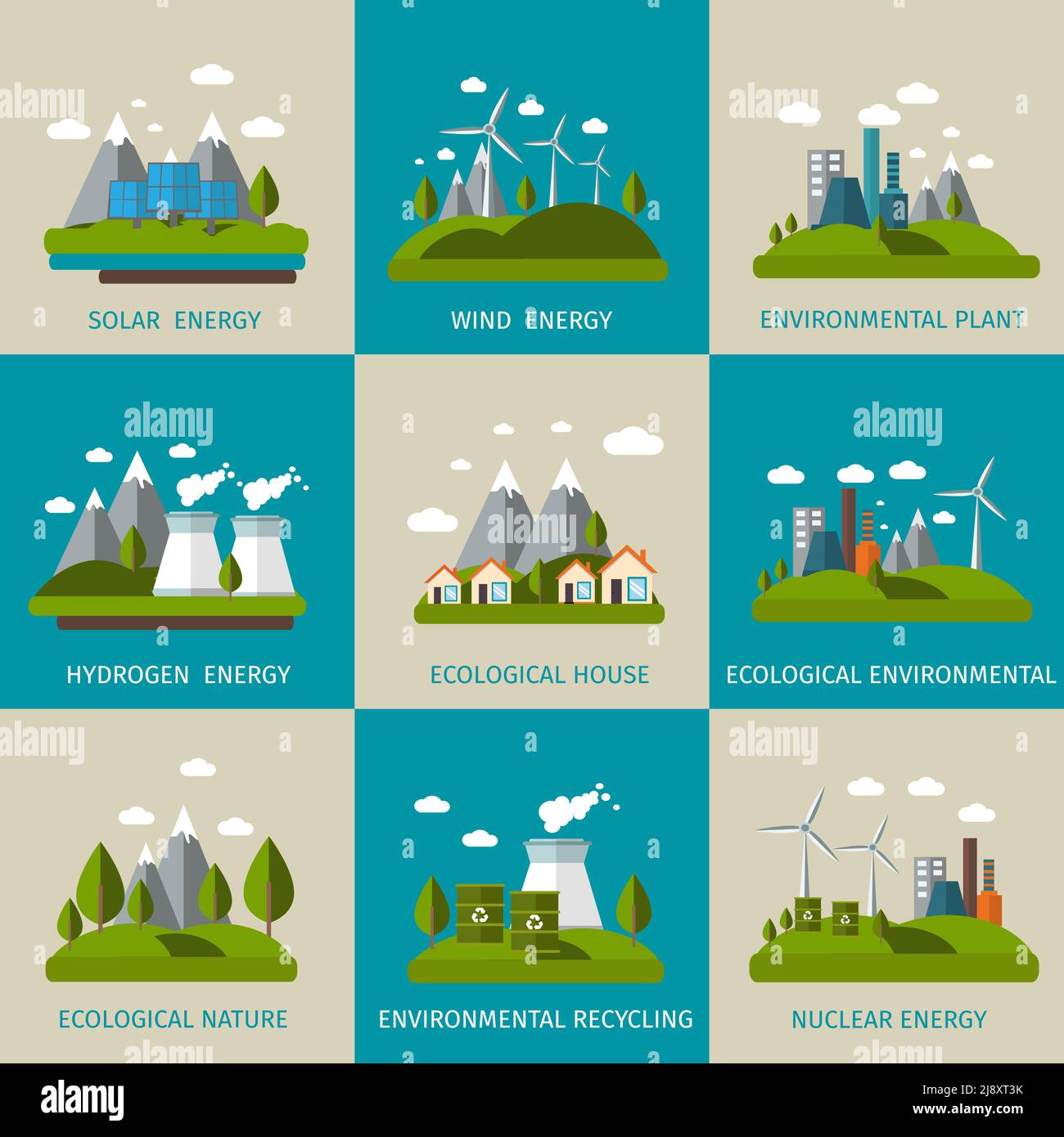 Icona ecologia insieme piatto con descrizioni di idrogeno solare vento energia nucleare ecologiche casa natura ecologica vettore illustrazione Illustrazione Vettoriale