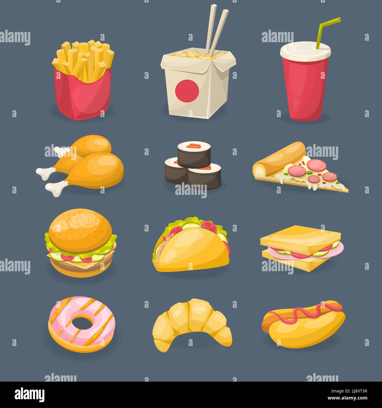 Icone decorative del fast food con croissant al sandwich di patate fritte al sushi pollo su sfondo grigio immagine vettoriale isolata Illustrazione Vettoriale