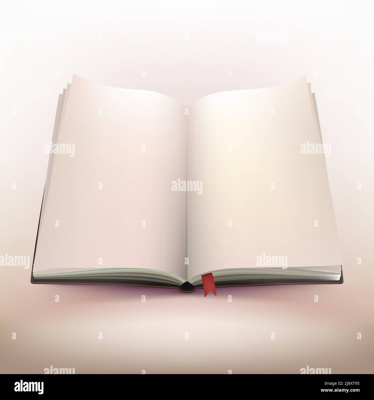 Design 3d del notebook con copertina rigida vuota e aperta con segnalibro rosso attivo immagine vettoriale di sfondo con luce calda Illustrazione Vettoriale