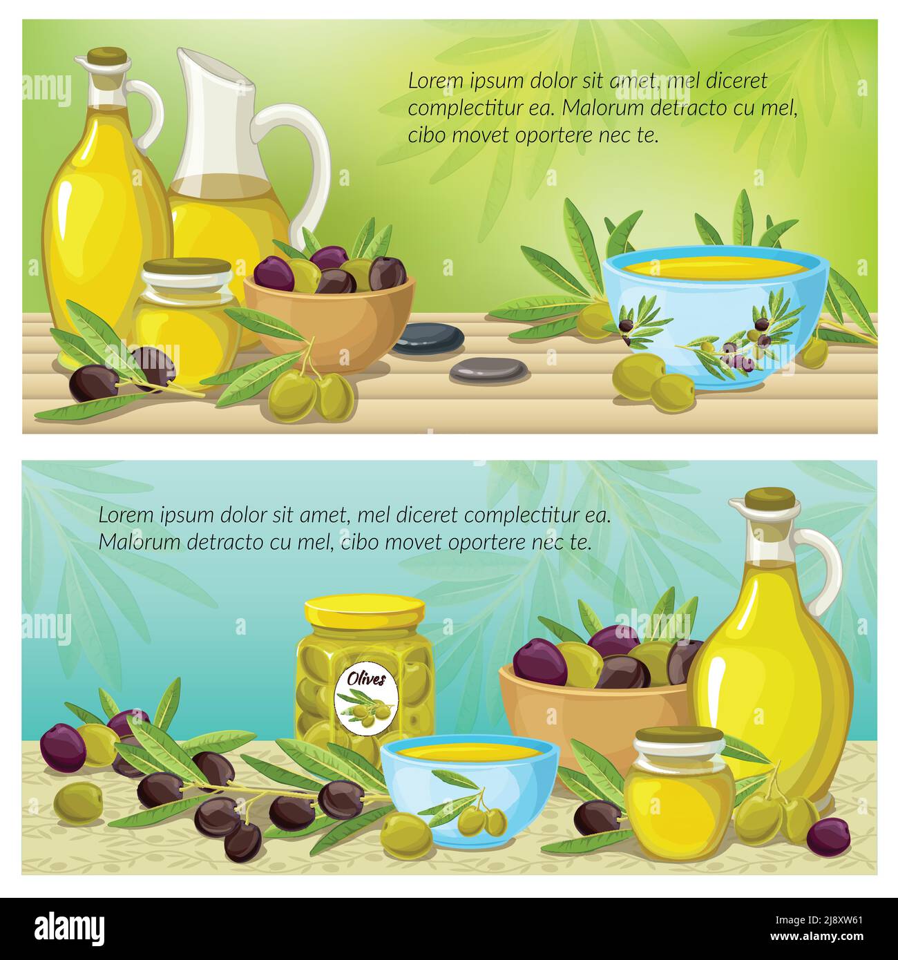 Due striscioni orizzontali color oliva con prodotti derivati da olive su tavola illustrazione vettoriale Illustrazione Vettoriale