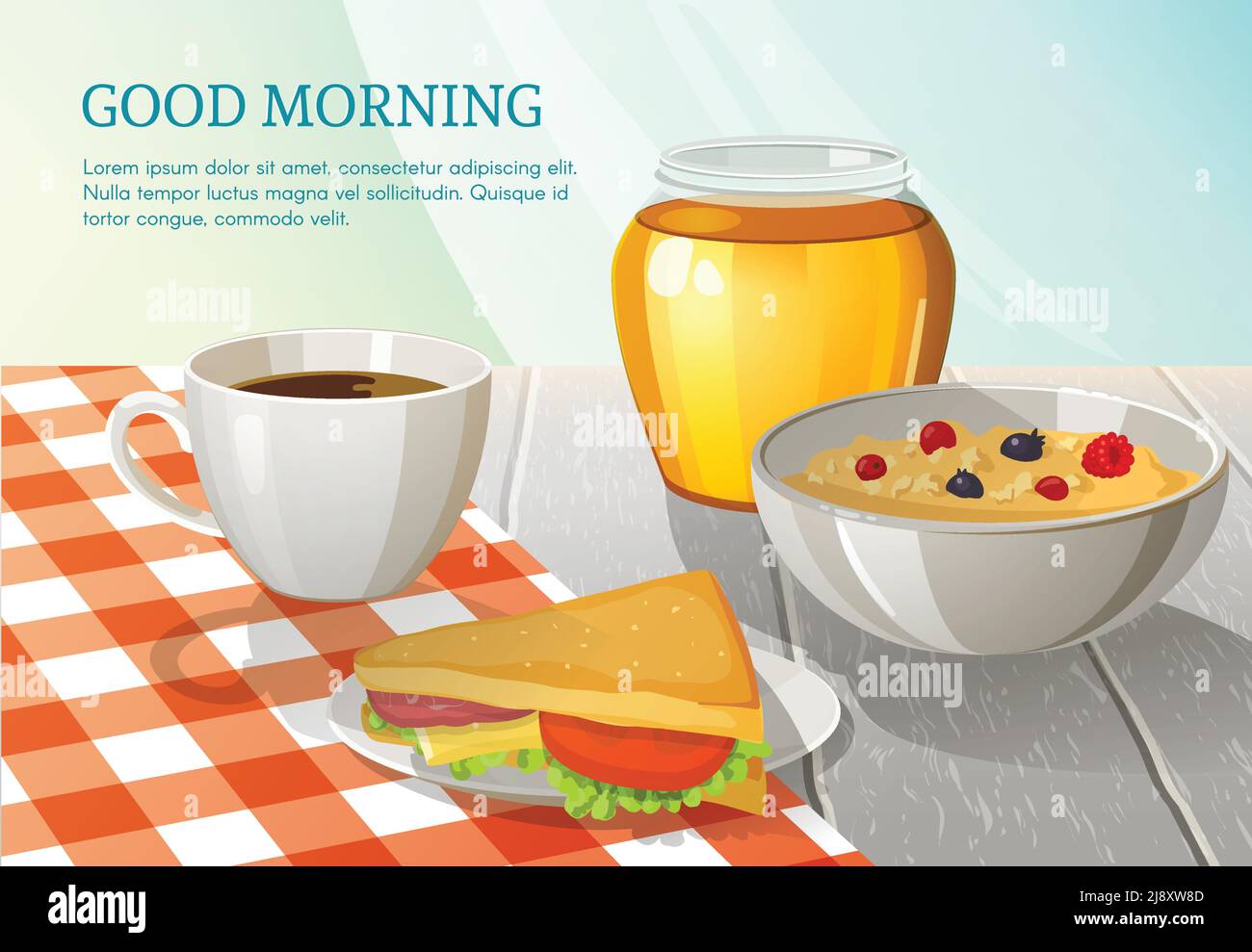 Variopinta composizione per la colazione con panino di caffè miele e farinata d'avena tavolo in legno bianco con tabloth a scacchi con illustrazione vettoriale Illustrazione Vettoriale