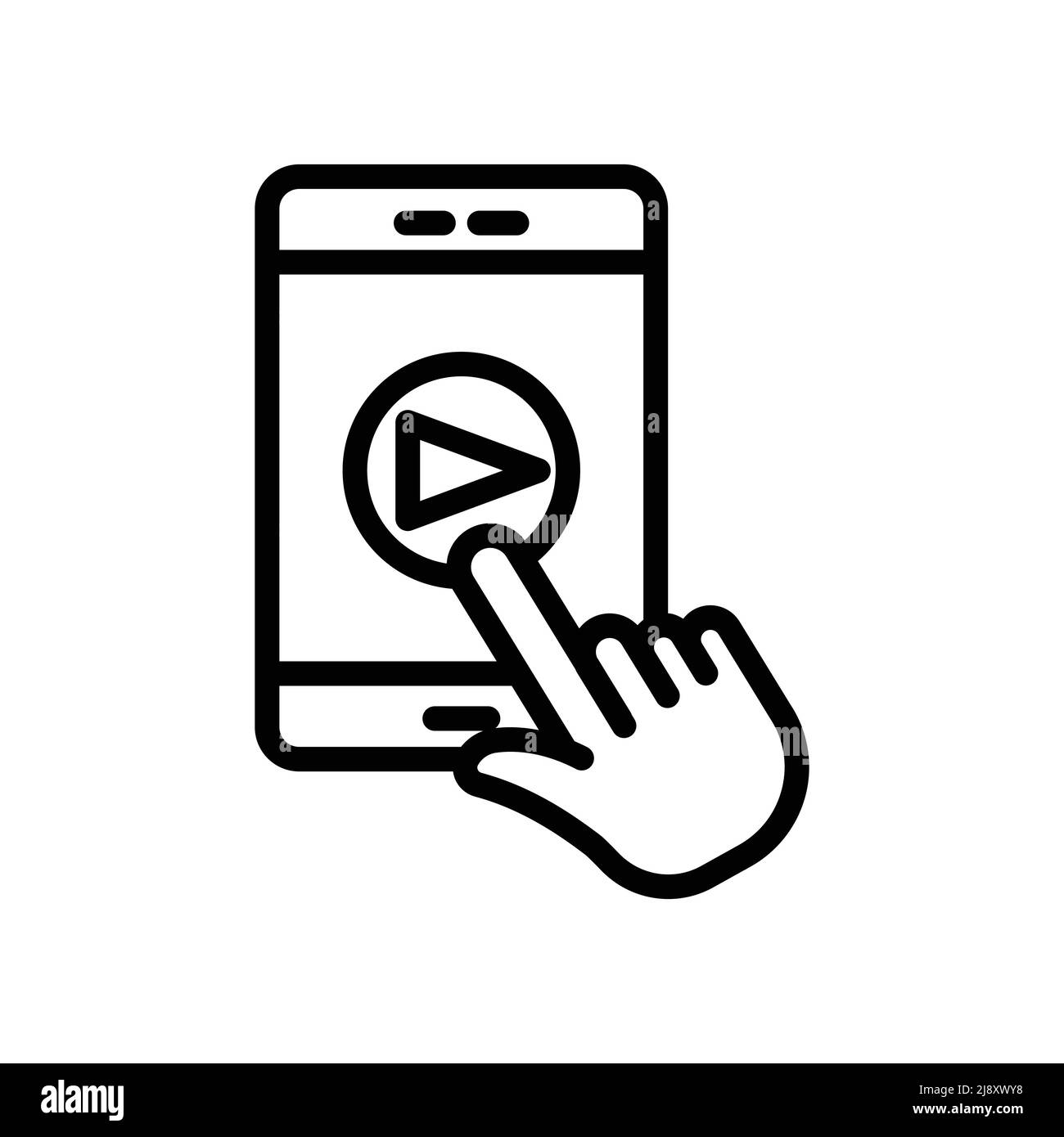 Icona vettore mano con cellulare e pulsante di riproduzione. Musica, strumento, tono, touch screen. Stile icona linea. Semplice illustrazione del disegno modificabile Illustrazione Vettoriale