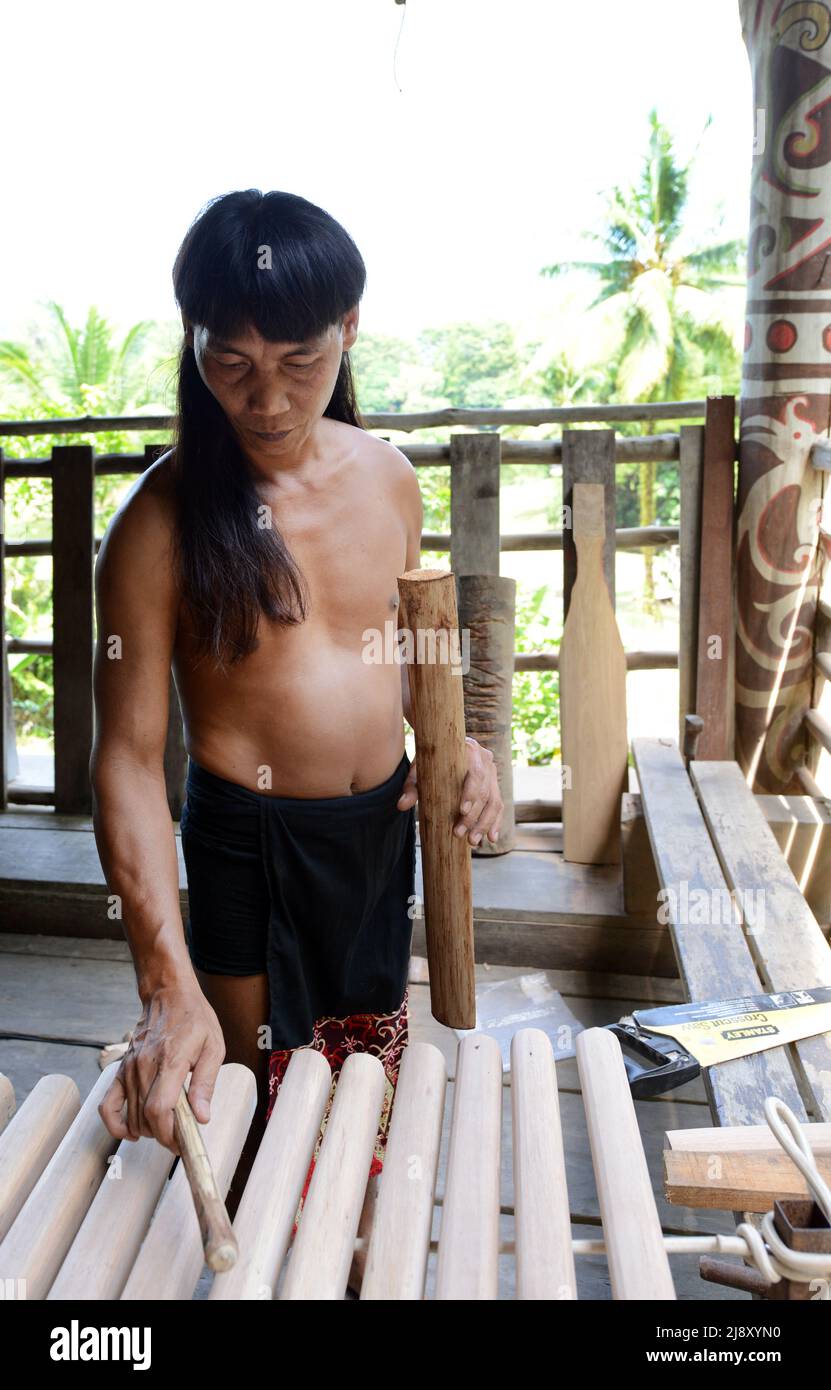 Un uomo di Orang Ulu che suona il Jatung Utang, Uno xilofono di legno tradizionale. Sarawak villaggio culturale, Kuching, Sarawak, Borneo. Foto Stock