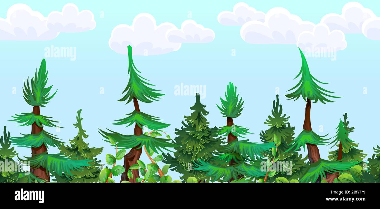 Pineta. Abete rosso conifere. Illustrazione orizzontale senza giunture. Stile cartoon paesaggio. Vettore. Illustrazione Vettoriale