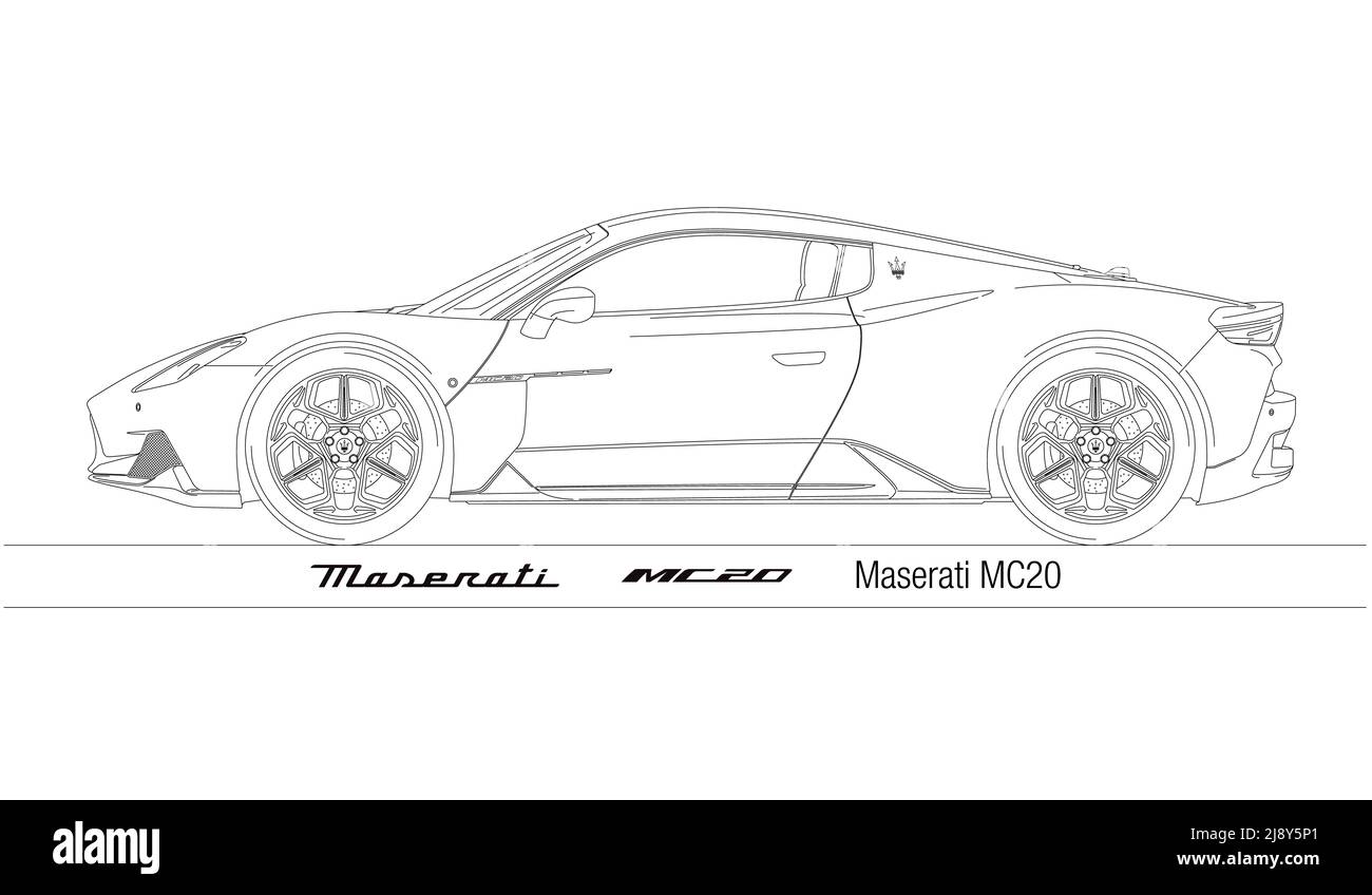Italia, anno 2020, Maserati MC20 super sport car silhouette disegnato, illustrazione Foto Stock