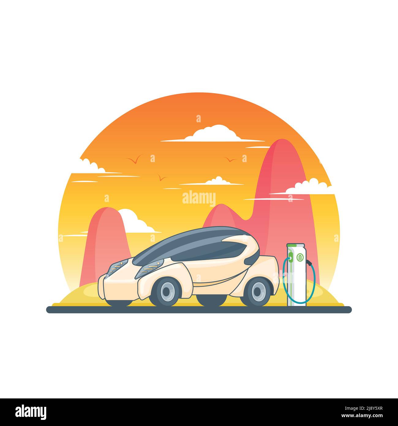 Modello ambientale ecologico futuristico con auto elettrica alla stazione di carica sull'alba paesaggio di montagna illustrazione vettoriale Illustrazione Vettoriale