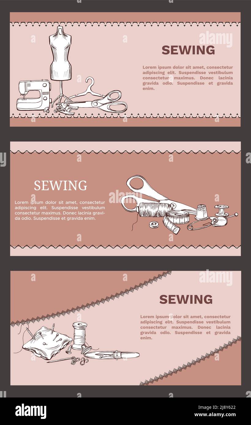 Striscioni orizzontali per sartoria disegnati a mano con accessori per cucire utensili e. illustrazione vettoriale dell'apparecchiatura Illustrazione Vettoriale