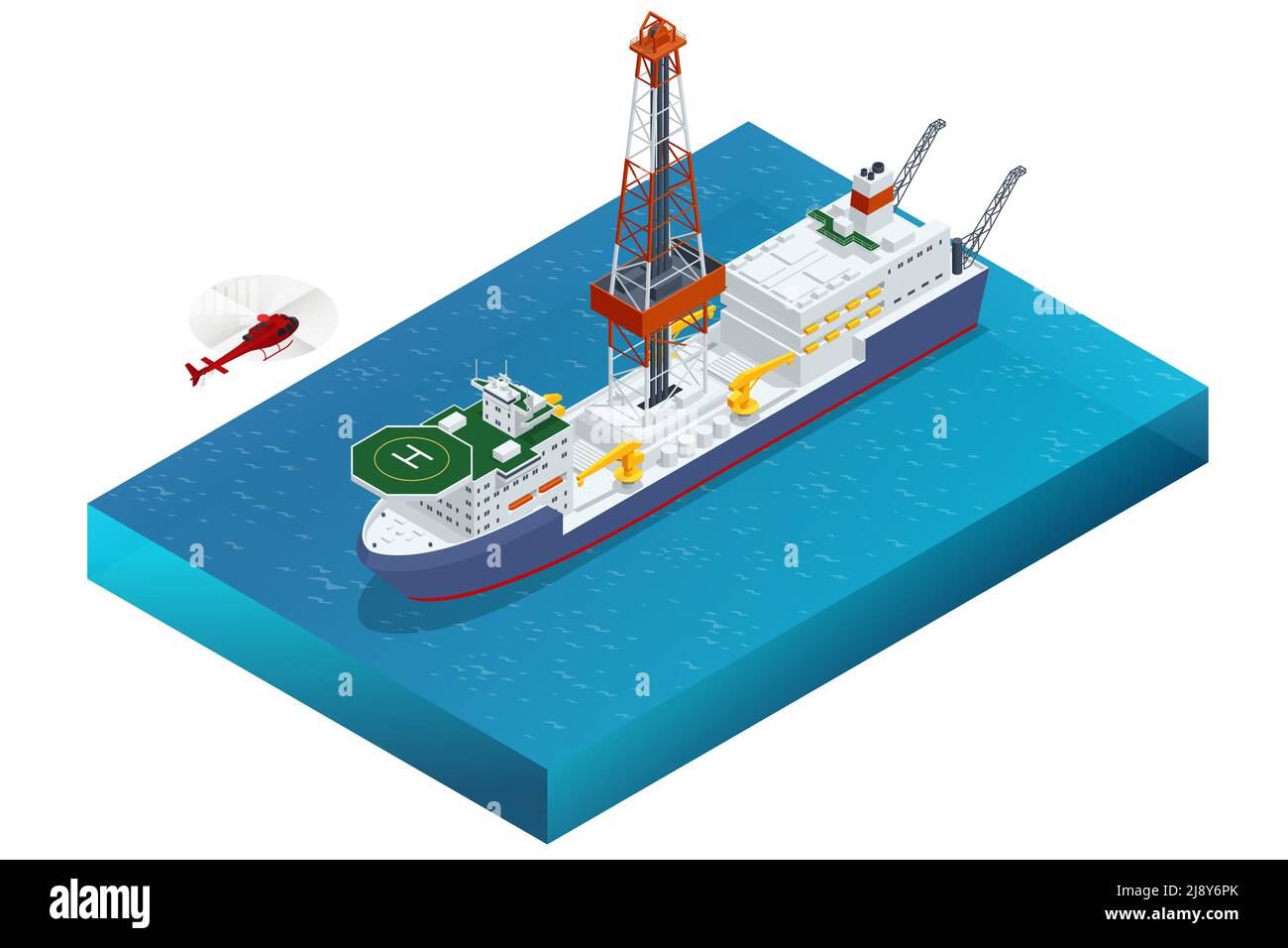 Perforazione isometrica di acque reflue per la produzione di petrolio e gas, petrolio e gas. Piattaforma di perforazione galleggiante sull'oceano Illustrazione Vettoriale