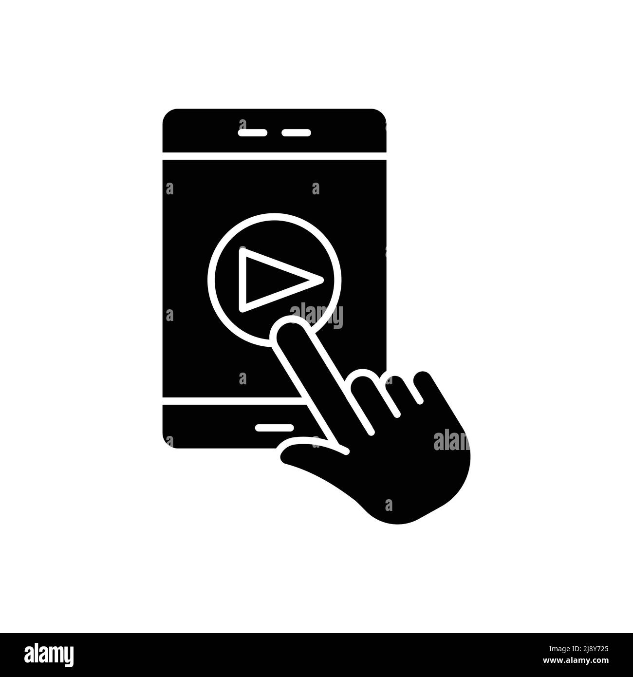 Icona vettore mano con cellulare e pulsante di riproduzione. Musica, strumento, tono, touch screen. Stile icona solido, glifo. Semplice illustrazione del disegno modificabile Illustrazione Vettoriale