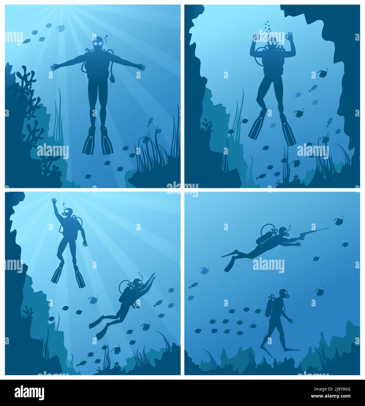 Subacquei subacquei in acqua. Oceano e mare, subacqueo sport profondo, immersioni e reef, pesci naturali. Illustrazione vettoriale Illustrazione Vettoriale
