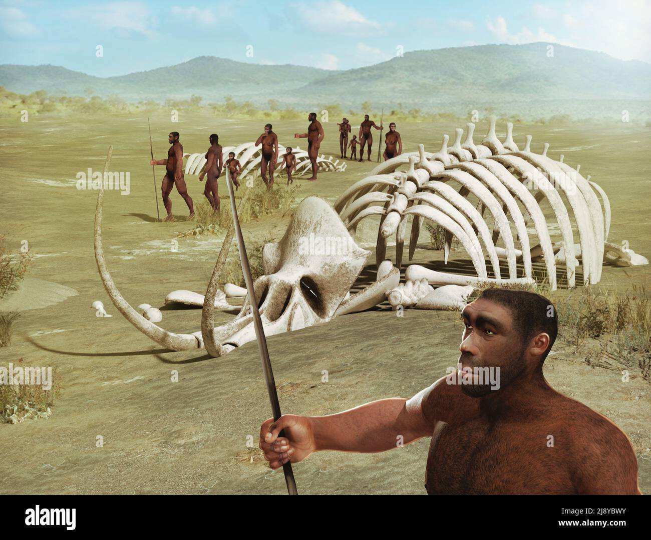 Una tribù di antenati umani, Homo Erectus, si snoda attraverso la savana passando scheletri di mammut, 3D rendering. Foto Stock