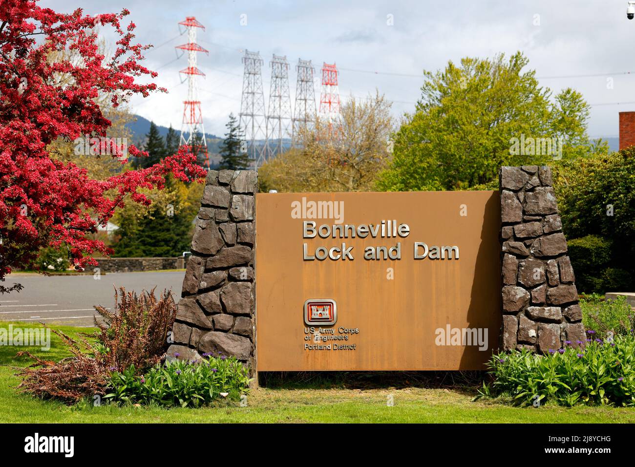 Segnaletica per Bonneville Lock e Dam sul fiume Columbia, Oregon. US Army Corps of Engineers. Energia idroelettrica, hydropower Foto Stock