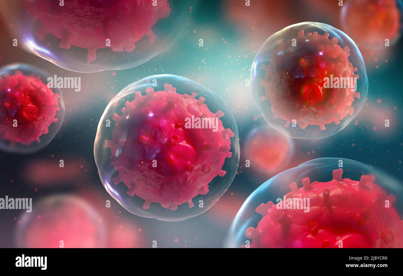 Microbiologia. Virus nel corpo. Studio della struttura cellulare dell'organismo al microscopio. 3d illustrazione su un tema medico Foto Stock