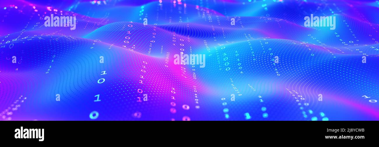 Onde digitali. Analisi dei dati. Codice binario. Piano ondulato, nodi e punti nello spazio curvo. Nanostruttura tecnologica. 3D illustrazione per il business Foto Stock