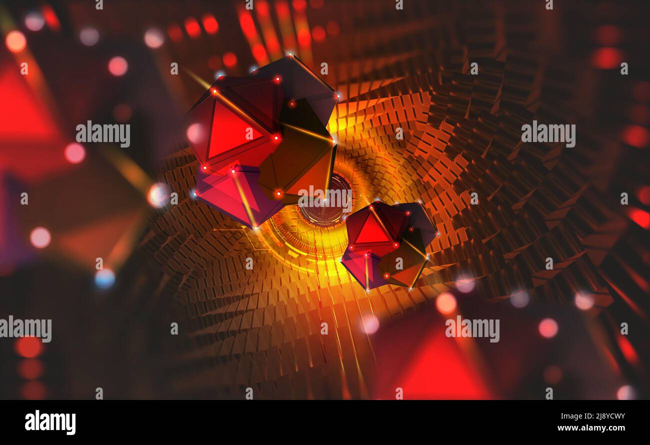 Blocchi di informazioni nel flusso di dati. Concetto di Big Data. Computer quantistico. Nanotecnologie del futuro. Hadron Collider, illustrazione astratta del 3D Foto Stock