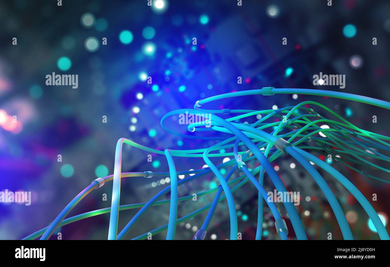 Illustrazione della tecnologia digitale 3D. Web di dati globali. Connessioni di rete nel cyberspazio del futuro. Computer fili astratto, futuristico Foto Stock