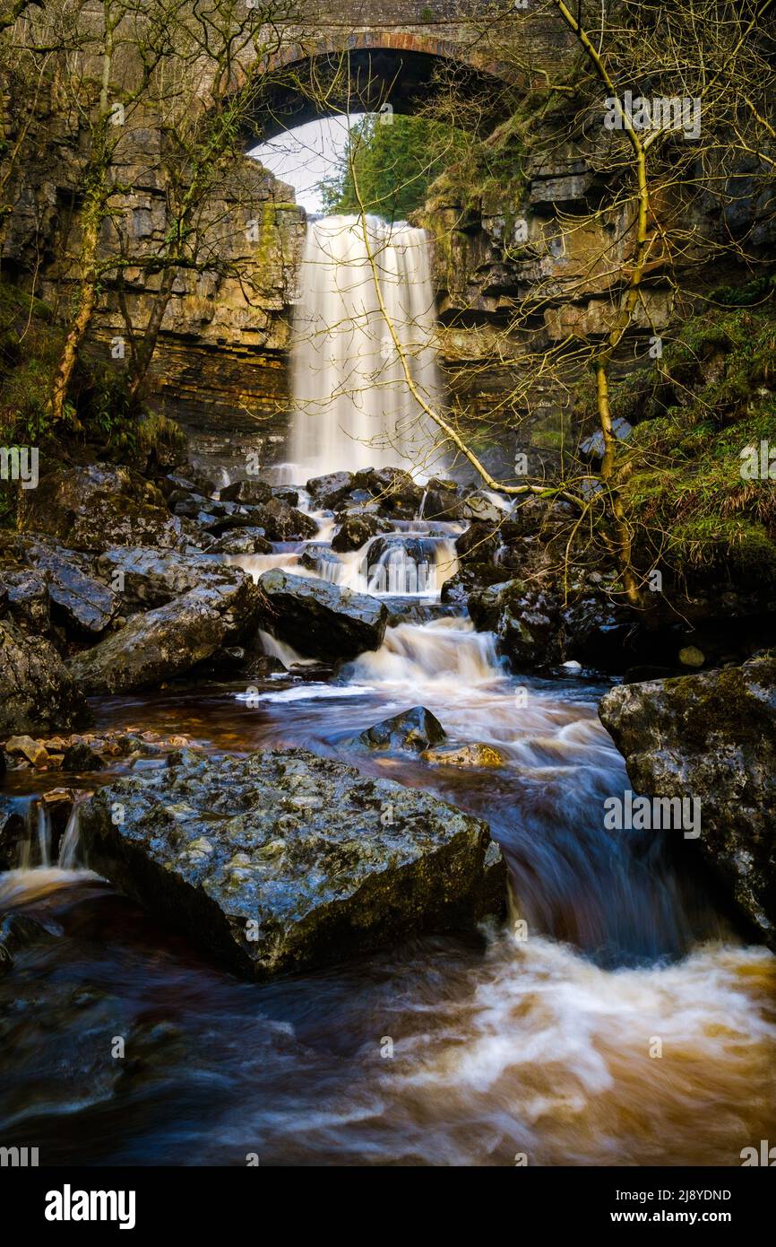 Cascata della forza di Ashgill, sotto un ponte stradale vicino Alston, Cumbria, Regno Unito Foto Stock