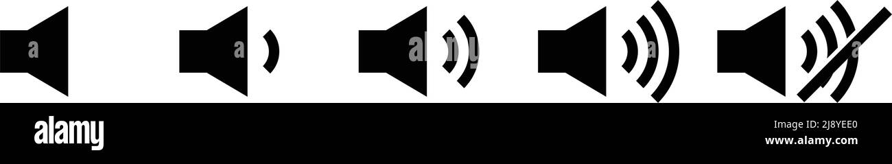 Un'icona per aumentare o diminuire il suono. Un'icona che indica l'esclusione microfono. Una serie di vettori con diversi livelli di volume. Vettore modificabile. Illustrazione Vettoriale