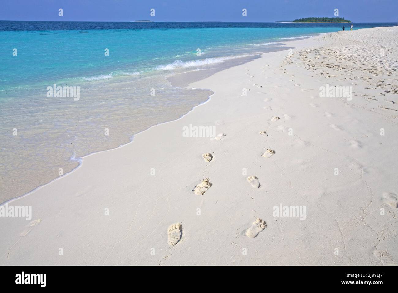 Impronte sulla spiaggia dell'isola maldiviana Reethi Beach, Baa-Atoll, Maldive, Oceano Indiano, Asia Foto Stock