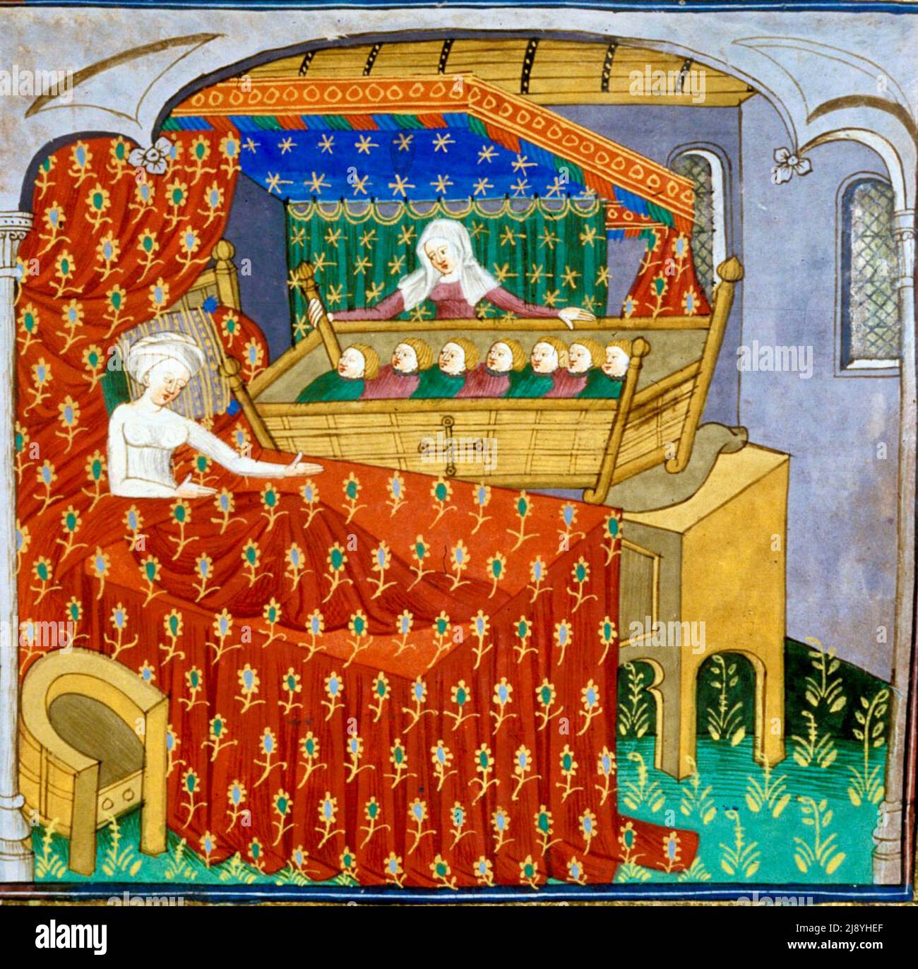 Arte medievale - Madre con sette in un letto (e il piccolo ha detto - rotolare sopra, rotolare sopra ) Foto Stock