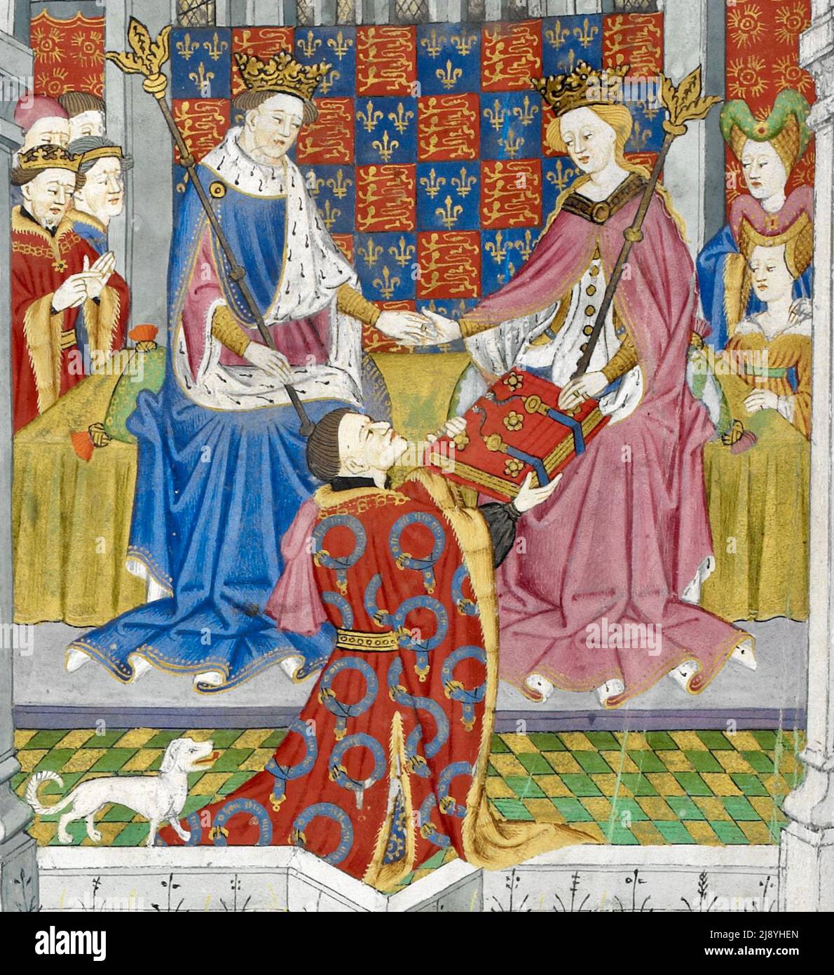 John Talbot, 1st Conte di Shrewsbury, con il suo cane caratteristico che presenta il libro come dono a Margaret di Angiò e Enrico VI - 1400's. Foto Stock