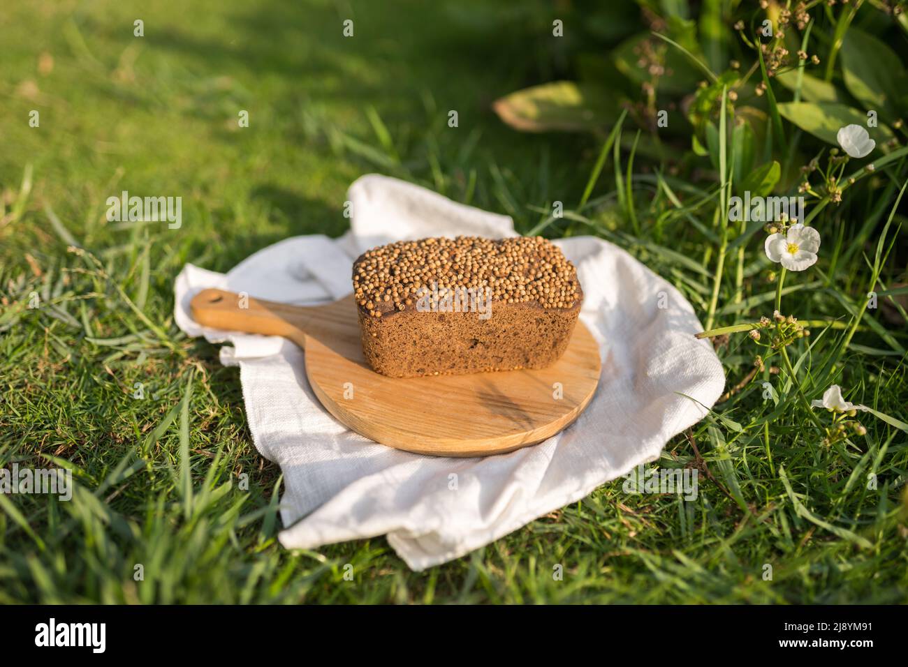 Composizione del pane casereccio su tavola di legno con tovagliolo bianco sull'erba verde. Foto di alta qualità Foto Stock