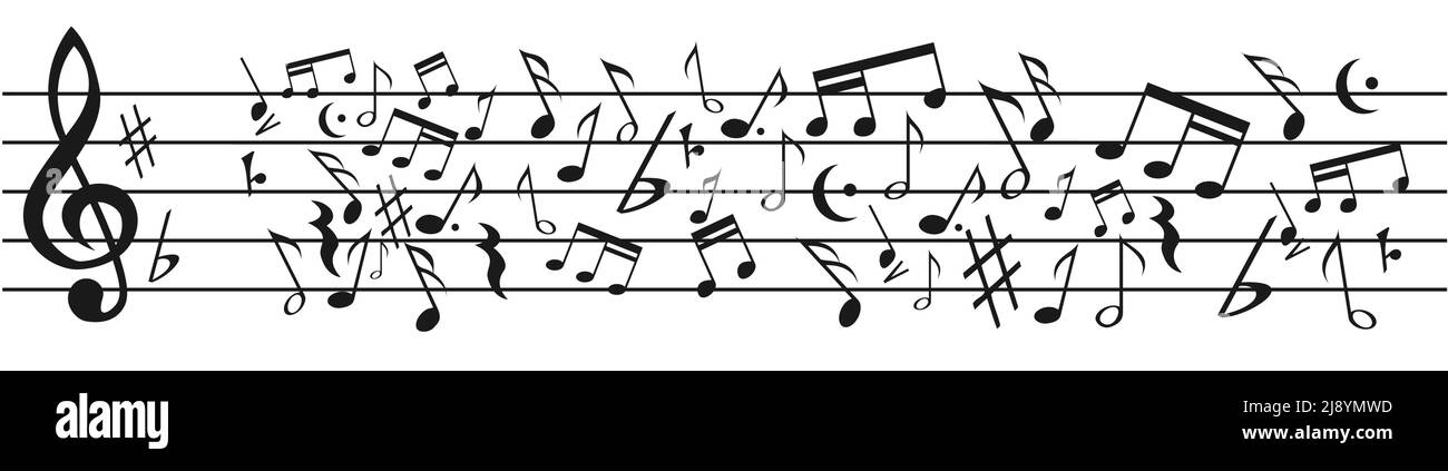 Personale musicale con note massaggiate. Il caos della musica, fuori dai toni. Banner e pattern vettoriali Illustrazione Vettoriale