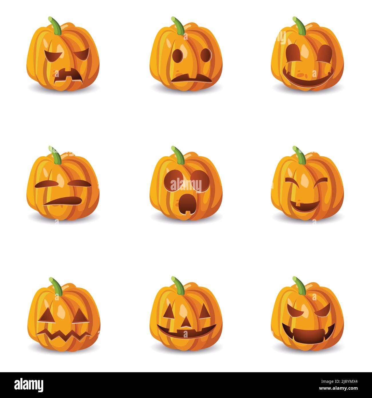 Set di nove icone isolate di zucca halloween con emoji emozioni smileys con ombre su sfondo vuoto illustrazione vettoriale Illustrazione Vettoriale