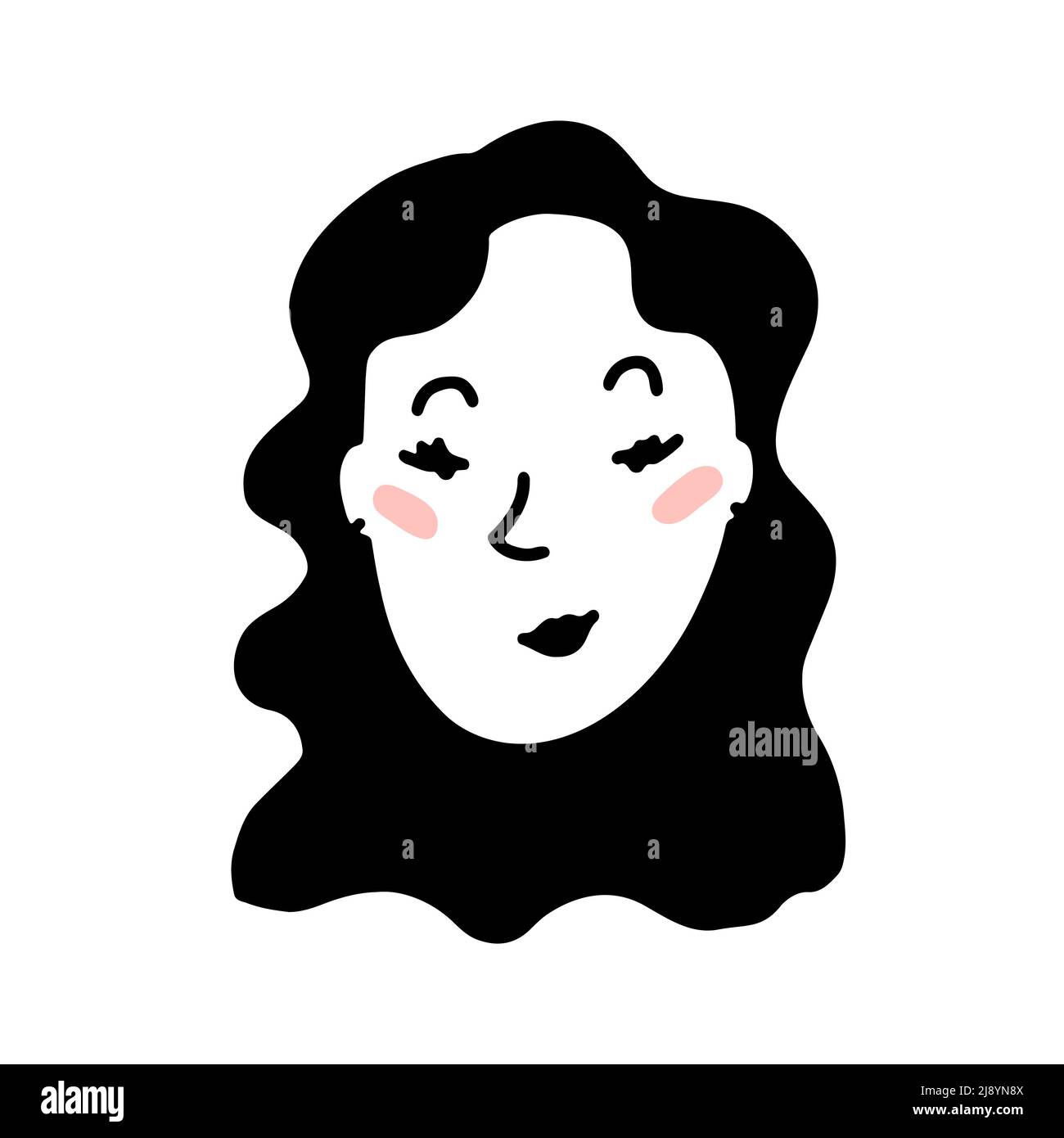 Doodle donna faccia. Contorno umano disegnato a mano isolato su sfondo bianco. Avatar divertente sorridente. Fumetto ragazza curly. Ritratto femminile. Bellissima capelli Illustrazione Vettoriale