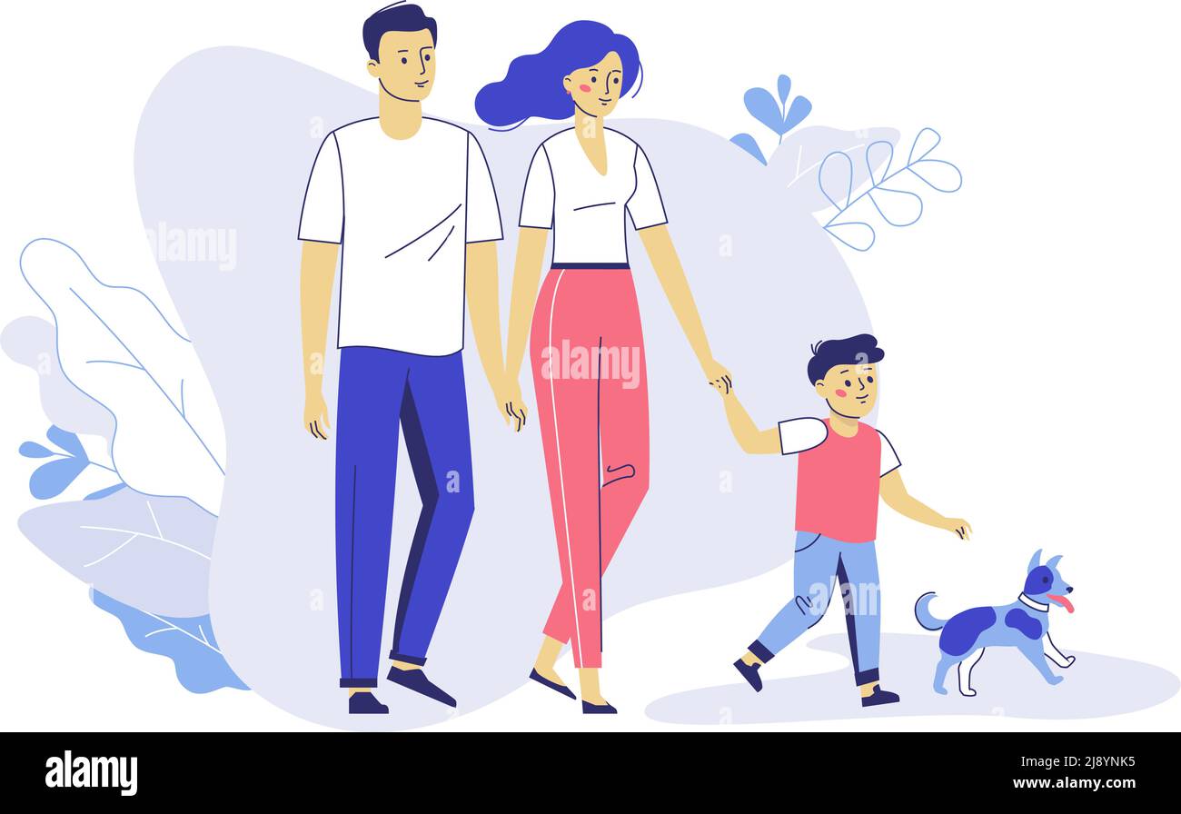 Famiglia coppia padre e madre con bambino e cane a piedi insieme. Felicità e concetto di amore. Illustrazione Vettoriale