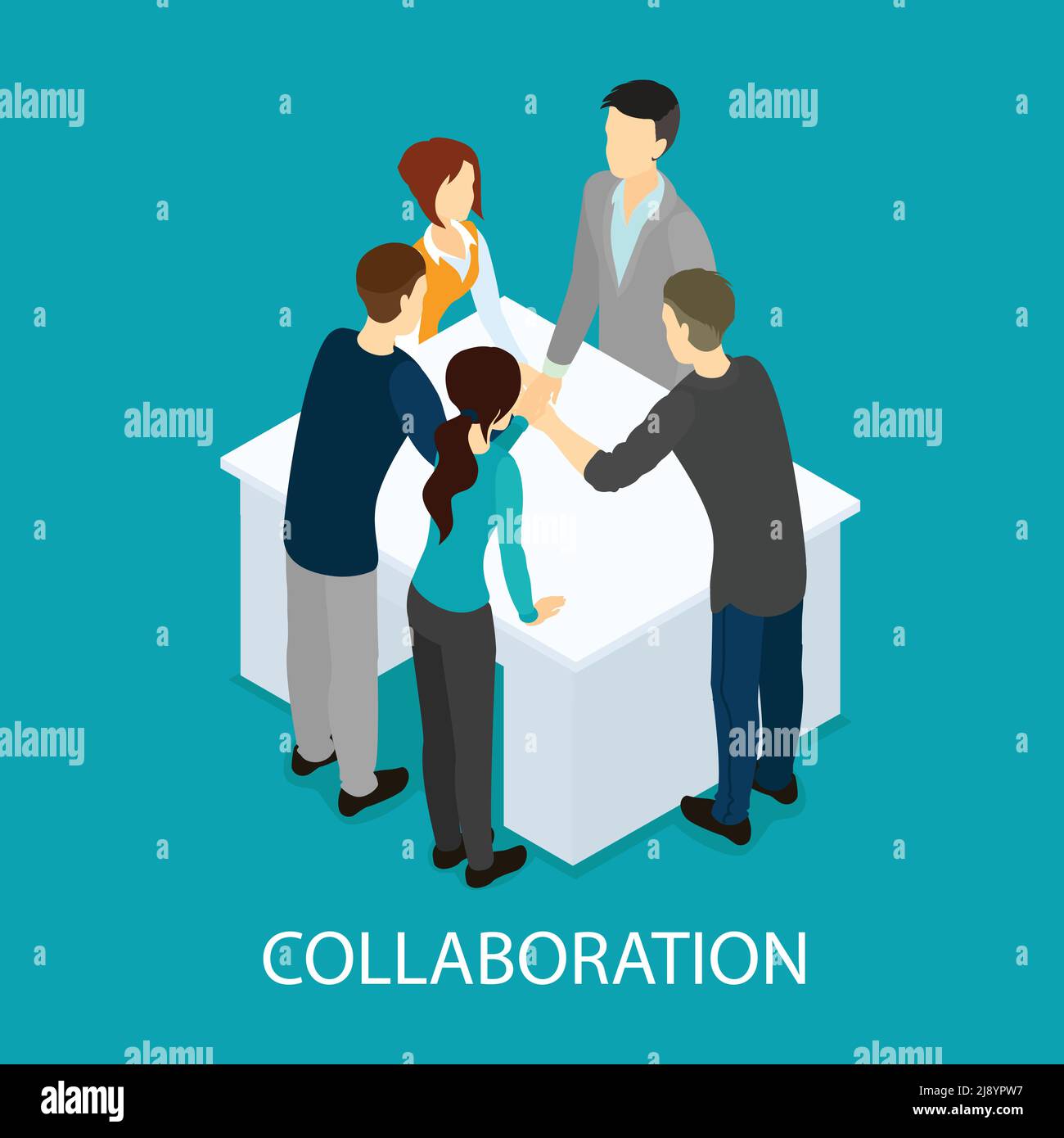Modello di collaborazione e partnership aziendale isometrica con persone che lavorano in squadra collegamento delle mani alla tabella illustrazione vettoriale isolata Illustrazione Vettoriale