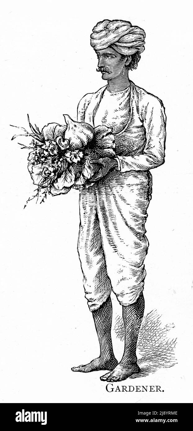Incisione di un giardiniere in India, circa 1880 Foto Stock