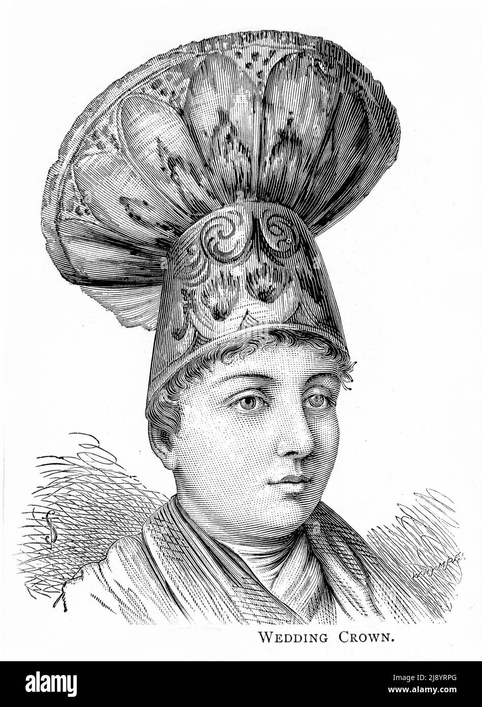 Incisione di una sposa che indossa una tradizionale corona di nozze della Svizzera orientale, circa 1880 Foto Stock