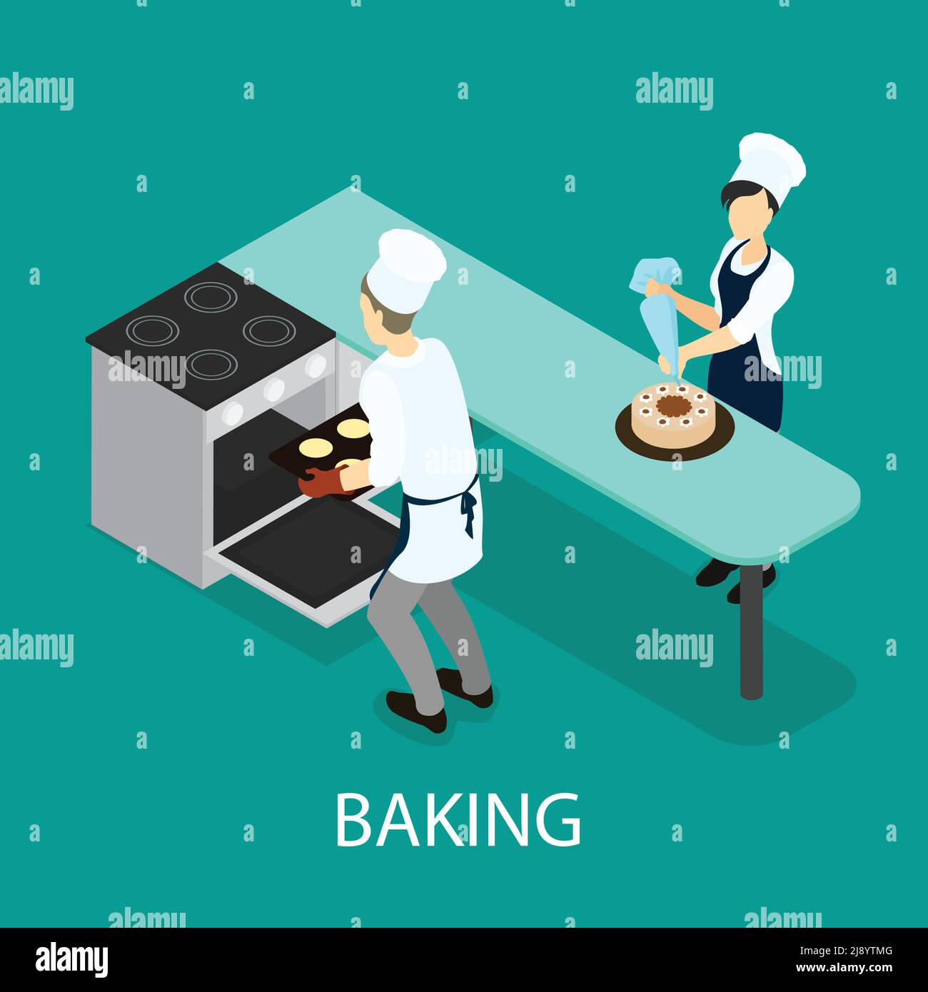 Concetto di cottura isometrica con la gente che cucinano torta e biscotti dentro illustrazione vettoriale della sala da cucina Illustrazione Vettoriale