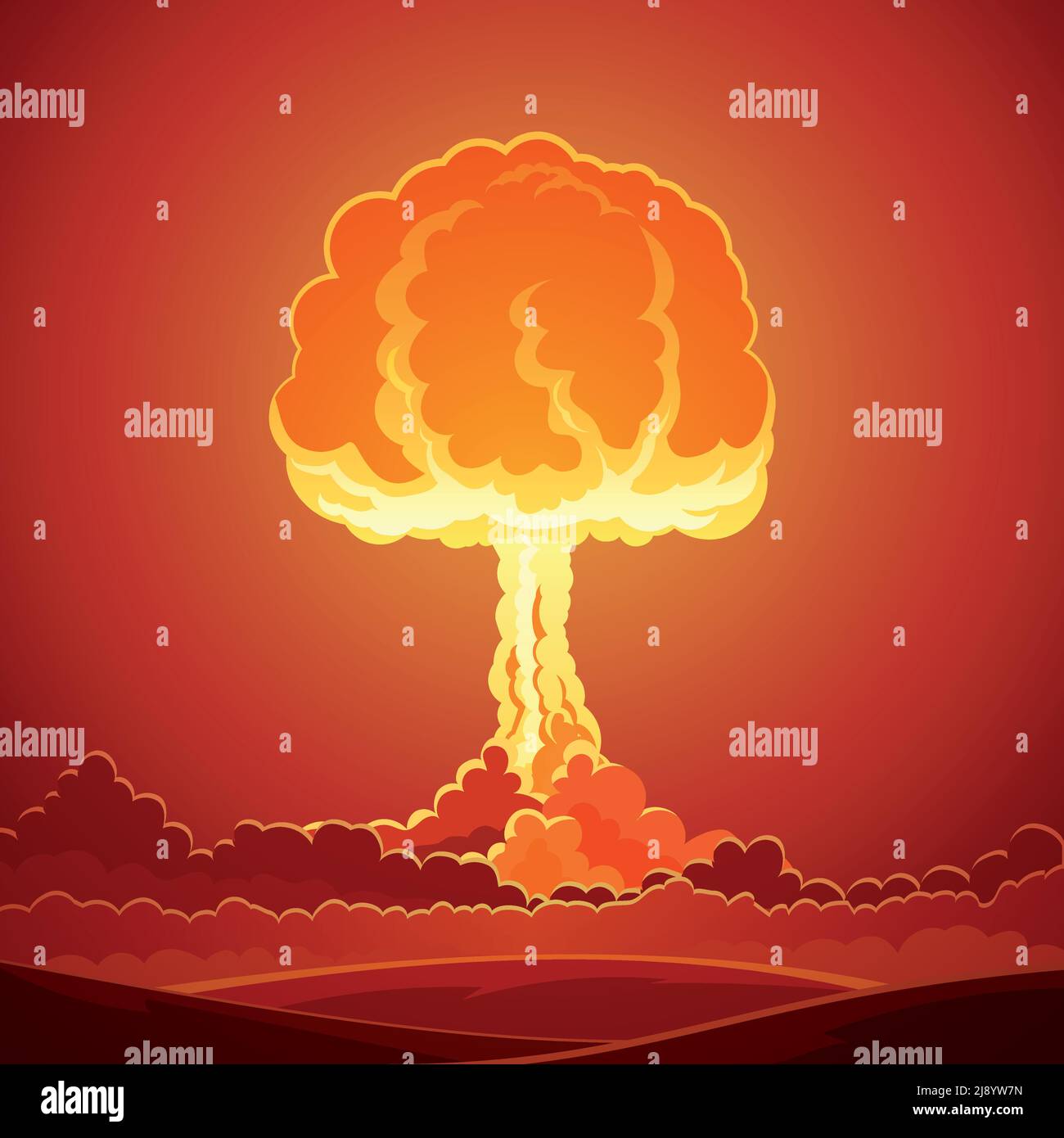 Modello di esplosione nucleare con nube di funghi e fumo luminoso effetto nell'illustrazione vettoriale in stile fumetto Illustrazione Vettoriale