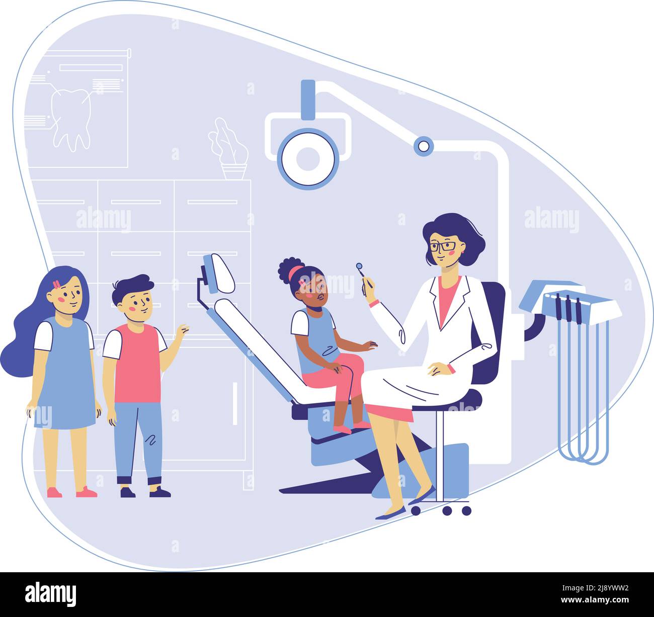 Giovane medico donna e bambino paziente in sedia dentista in ospedale. Controllo e dentini visita medica. Illustrazione Vettoriale
