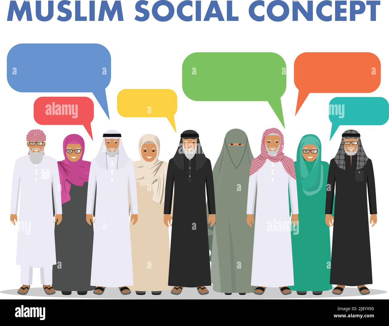 Uomini e donne arabi anziani in piedi insieme in diversi abiti islamici tradizionali su sfondo bianco in stile piatto. Diversi stili di abbigliamento. Desi piatti Illustrazione Vettoriale