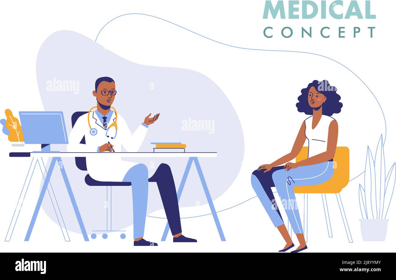 Medico afro-americano medico uomo e giovane paziente in ospedale medico ufficio. Consultazione e diagnosi. Illustrazione Vettoriale